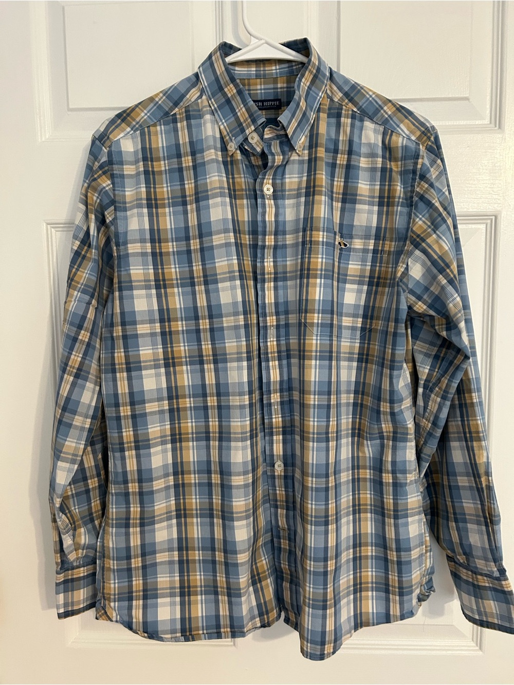 Fish Hippue Blue and Tan Plaid Long-Sleeve Button-Down Shirt